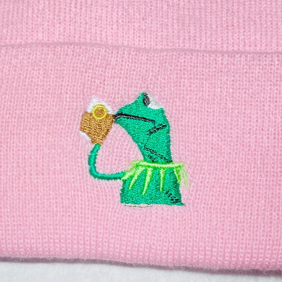 Kermit The Frog Sipping Tea Meme Beanie Pink Youth Size (Small) - Picture 3 of 6